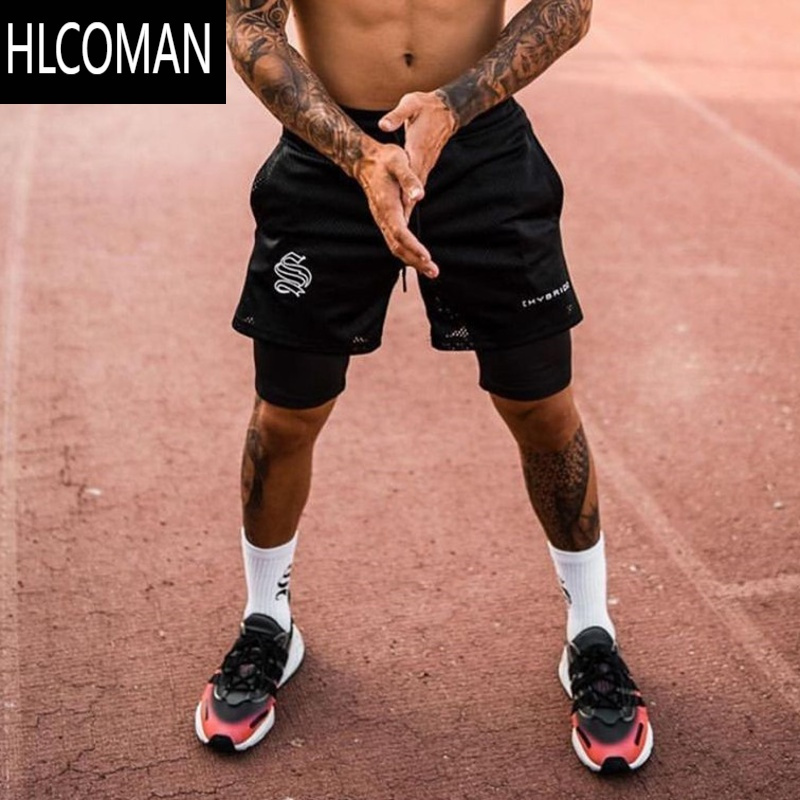 HLCOMAN双层夏美式健身短裤男速干跑步训练深蹲篮球高弹假运动五分裤