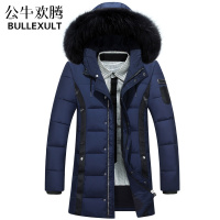 公牛欢腾2019冬季男士中长款羽绒服真毛领连帽加厚白鸭绒外套男装潮