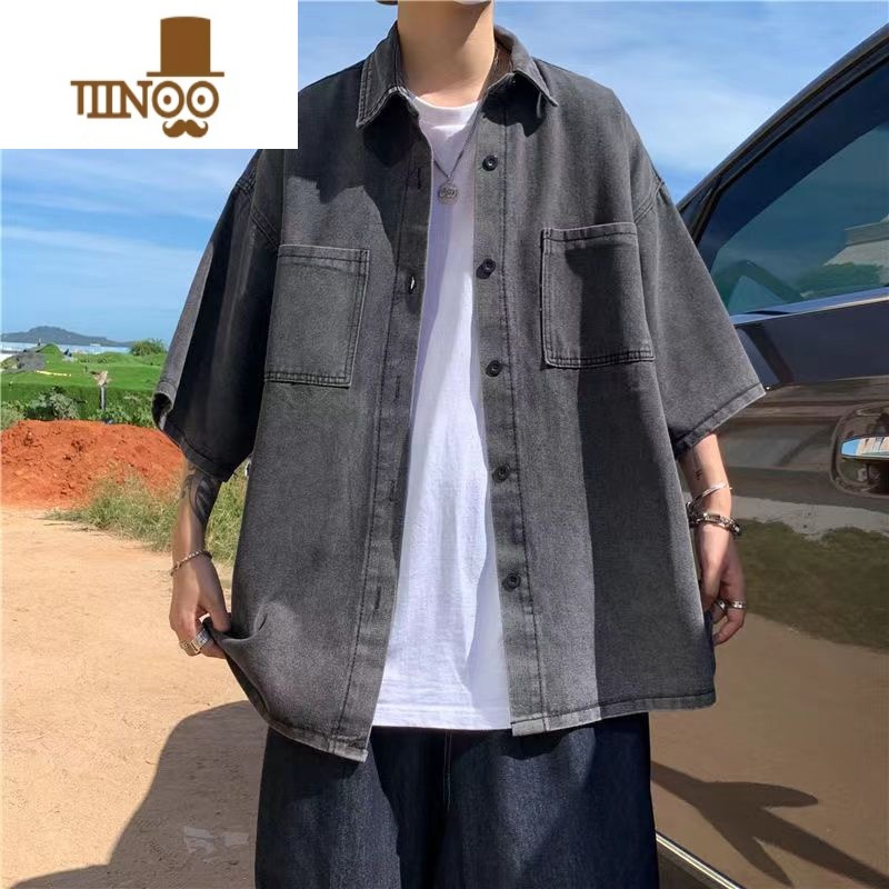 YANXU肥佬300斤薄款牛仔短袖衬衫男夏季痞帅ins加肥加大码宽松衬衣外套高清大图