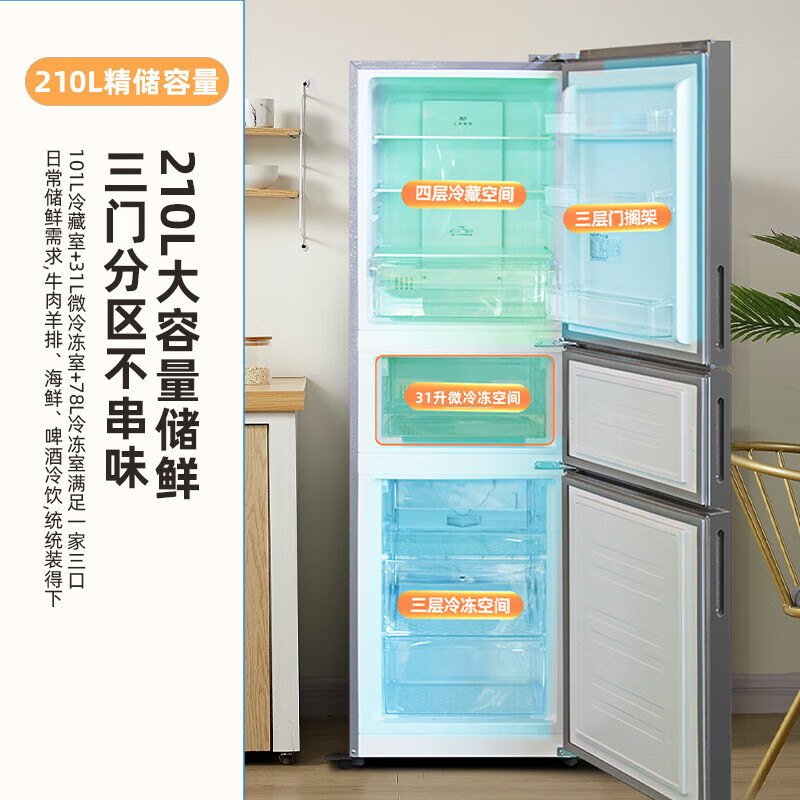新飞210升三门养鲜风冷无霜三门小型冰箱低音 家用三门三温节能冰箱 中门软冷冻BCD-210WK3CT远峰灰高清大图