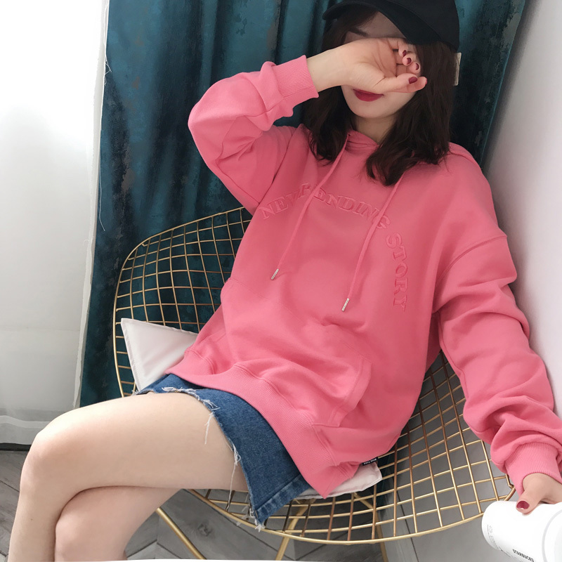 suntek特好看的玫粉色显白秋冬加绒韩国刺绣字母连帽卫衣宽松套头外套