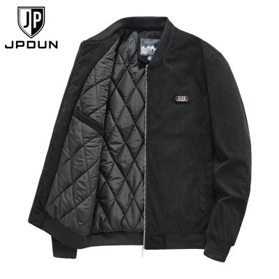 JPDUN吉普盾男士夹克冬季加绒灯芯绒夹克男装棒球领保暖外套 XXXL 黑色