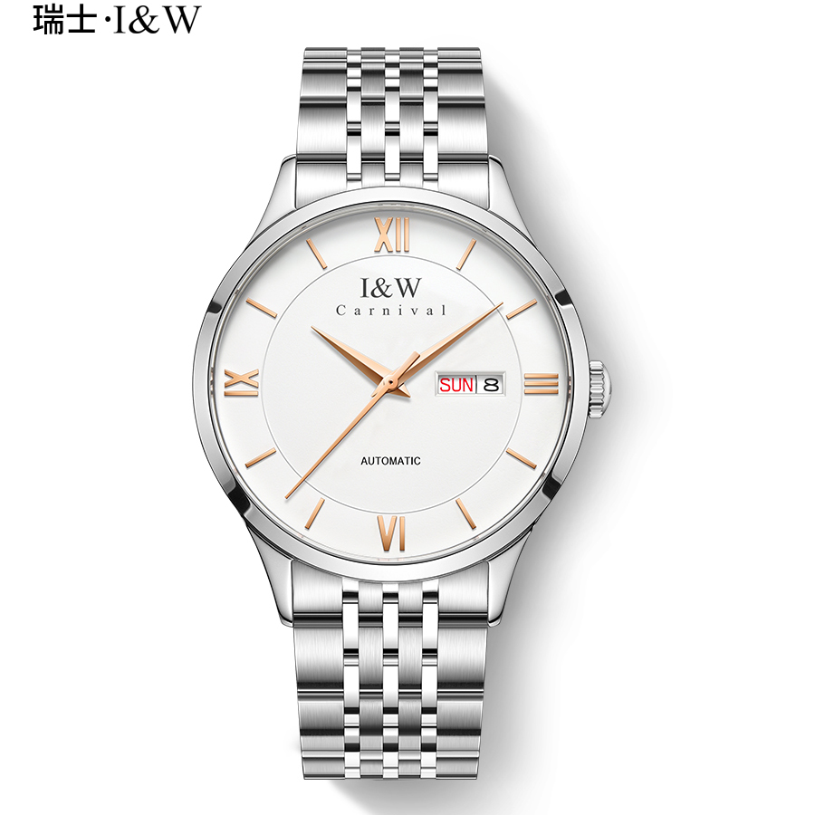 瑞士爱沃驰I&W CARNIVAL手表全自动机械表 男表复古进口机芯防水商务腕表简约双日历表8510G 金刻白面