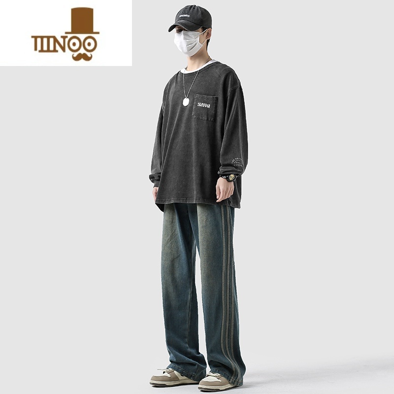 YANXU美式高街复古牛仔裤男潮牌做旧条纹休闲裤宽松直筒阔腿拖地筒高清大图