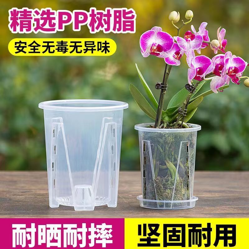 蝴蝶兰专用花盆空气柱透明青山盆特大号大口径塑料圆形桌面高花盆-外径10CM;5个装-带托盘高清大图