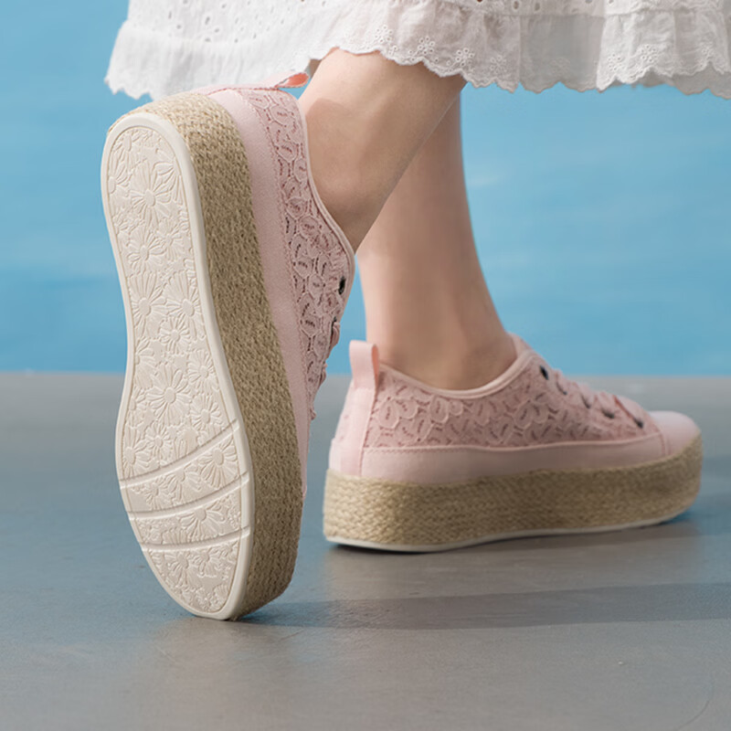 斯凯奇(Skechers)女鞋新款透气蕾丝帆布鞋厚底耐磨休闲鞋日常通勤鞋板鞋114008-BLSH ZP高清大图