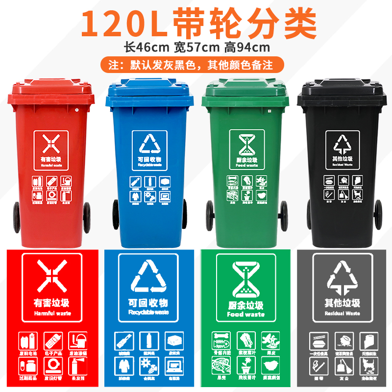 东升顺四色分类垃圾桶大号环保户外可回收带盖厨余商用餐厨公共场合 120L带轮分类