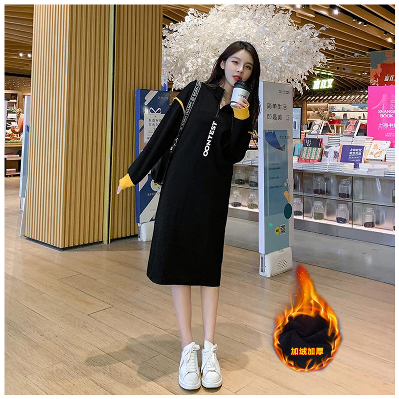 suntek中长款卫衣裙女春秋冬韩版宽松显瘦立领撞色长袖加绒加厚卫衣裙