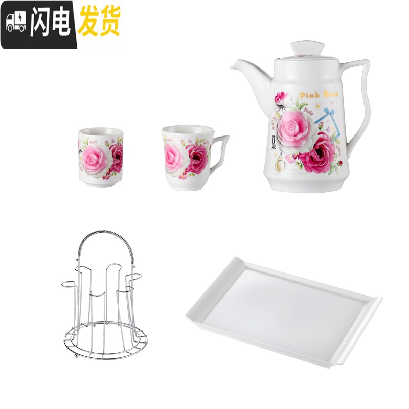 三维工匠创意欧式结婚送礼家用客厅陶瓷冷水壶套装水具凉水杯耐热高温杯具 流金岁月一壶6把杯一托盘配杯架高清大图