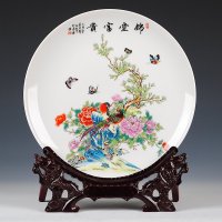 彩帮景德镇花瓶三件套摆件陶瓷器花鸟挂盘装饰盘子现代时尚家饰摆件