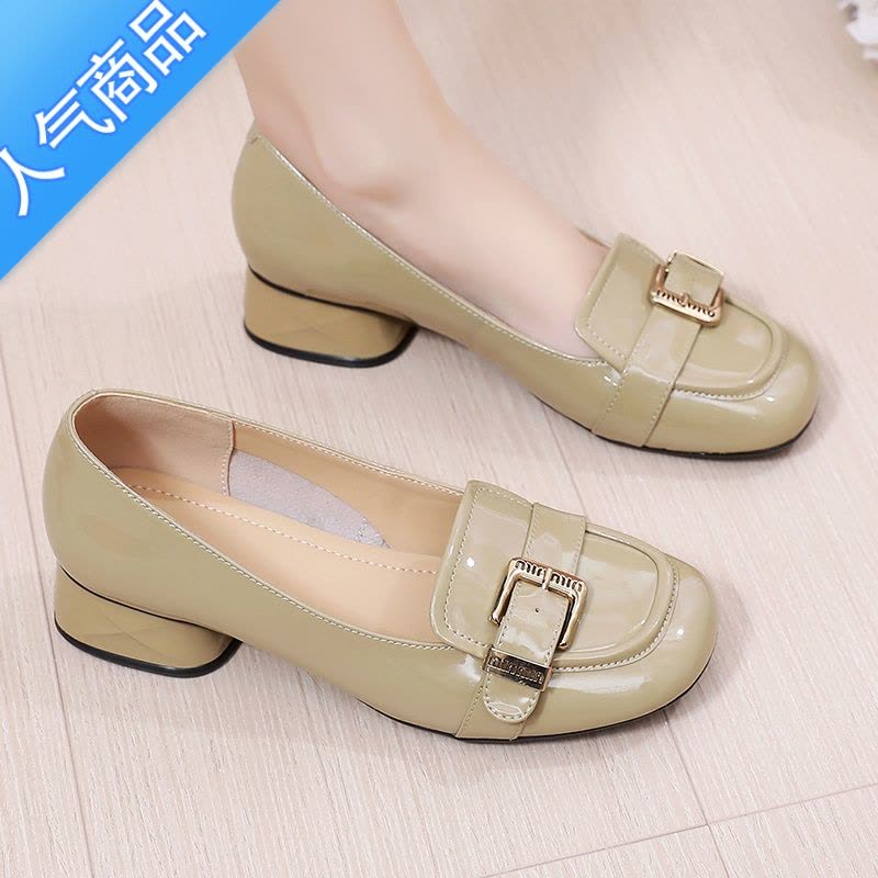 SUNTEK单鞋女士一脚蹬皮鞋粗跟乐福鞋浅口平底鞋女鞋休闲英伦小皮鞋图片