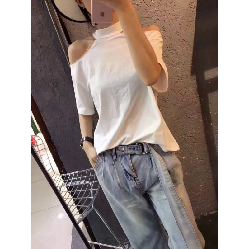 夏装女2018新款欧货女装时髦短袖漏肩上衣纯棉T恤打底衫潮