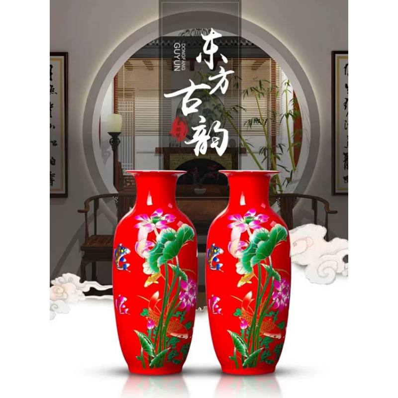 红色荷花瓶景德镇陶瓷摆件百合花瓶客厅插花花器瓷瓶现代家居装饰 三维工匠 [中号]青花山水鱼尾瓶+送底座高清大图