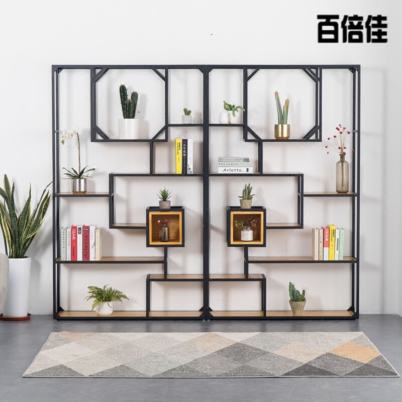 新款创意铁艺展示架实木隔断置物架书架工业风玄关格子架loft办公室屏风铁艺隔板架子壹德壹