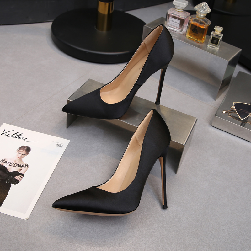 林先森黑色超细跟绸缎10厘米性感8m宴会尖头高跟鞋女细跟春秋9百搭单