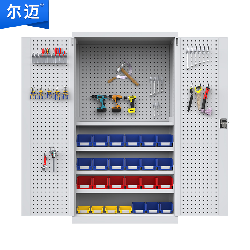 尔迈 五金工具柜工厂车间工具收纳箱重型多功能储物 灰色 五层带挂板