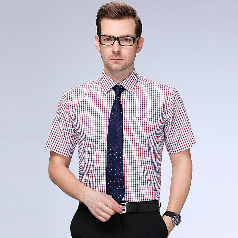 梵克公牛短袖衬衫夏季免烫男士棉半袖衬衫格子纹男短袖方领款商务上班