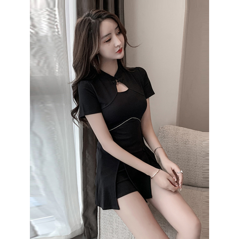 艳如飞旗袍改良版连衣裙短裤套装女夜场上班衣服桑拿足浴技师工作服中式套装
