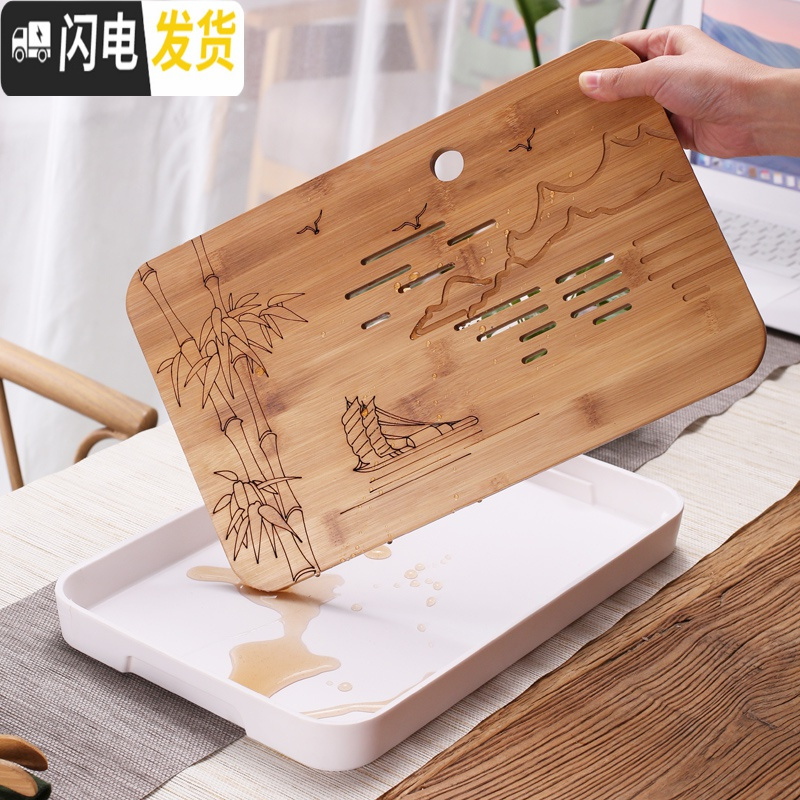 三维工匠陶瓷日式功夫茶具家用茶盘迷你大小号竹制茶海托盘密胺简约干泡台 大排水竹茶盘49*32