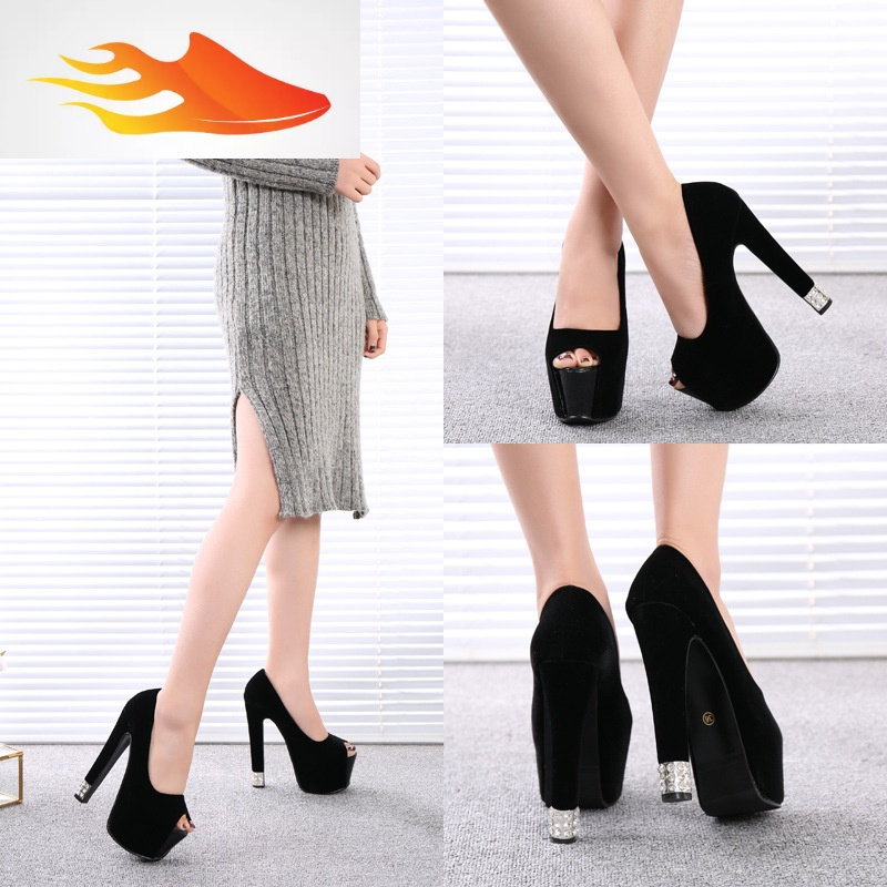 fishbasket恨天高夜店超高跟鞋15cm粗跟防水台女鞋浅口绒面性感水钻