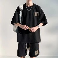 夏季新款国风潮套装男时尚宽松型休闲运动短袖短裤两件套 3XL 黑色