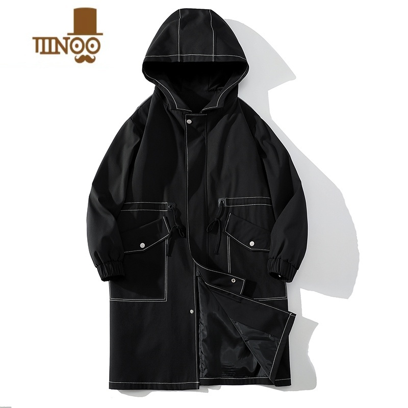 YANXU中长款过膝风衣男士小众设计高街连帽外套潮牌宽松休闲大衣高清大图