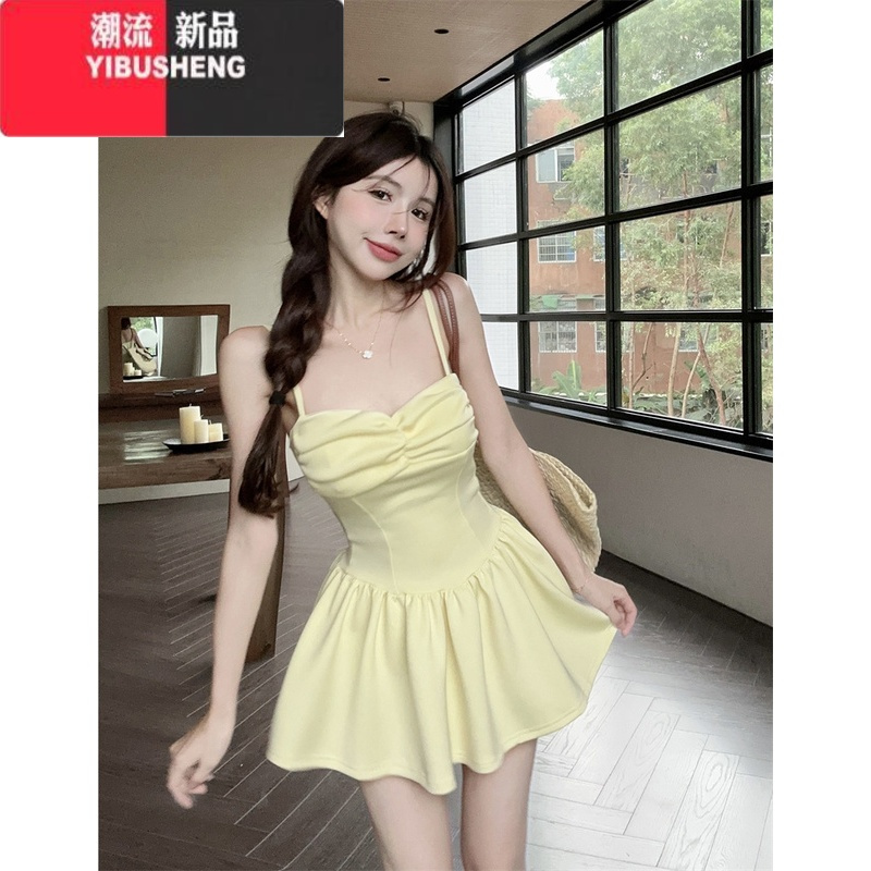 YIBUSHENG法式黄色无袖吊带连衣裙女季新款一字肩收腰修身显瘦气质短裙子