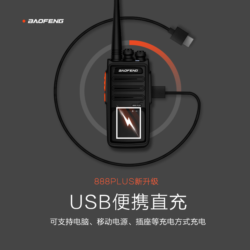 宝锋(BAOFENG)BF-888S PLUS 旗舰版 对讲机 专业民用商用宝峰大功率对讲机手持台 送USB直充线 黑色