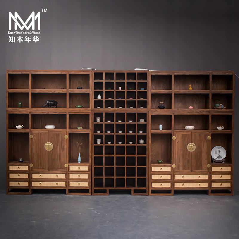 新中式老榆木展柜书柜组合茶叶展示柜禅意实木黑胡桃木茶室陈列柜高清大图