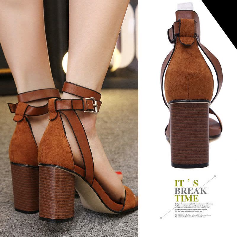 Crape myrtle2019夏季新款欧美时尚一字扣绒面粗跟凉鞋罗马高跟鞋女鞋 凉鞋 女图片