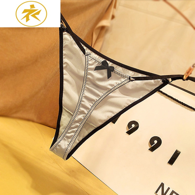 ideamini欧美时尚丁字裤t裤女冰丝缎面丝滑轻奢三角裤蕾丝可调节细带