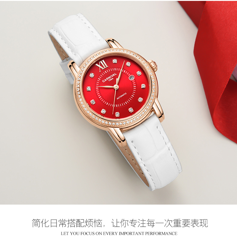 正品嘉年华Carnival瑞士品牌手表新款防水带日历全自动机械表 女士女表镶钻时尚气质简约腕表8062L高清大图