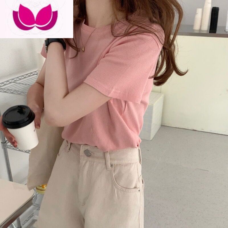 七斓螺纹针织正肩短袖t恤女夏季2023纯色内搭别致显瘦上衣白色打底衫高清大图