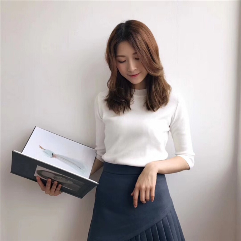 初秋2018新款韩版气质圆领套头中袖打底针织衫女修身五分袖上衣