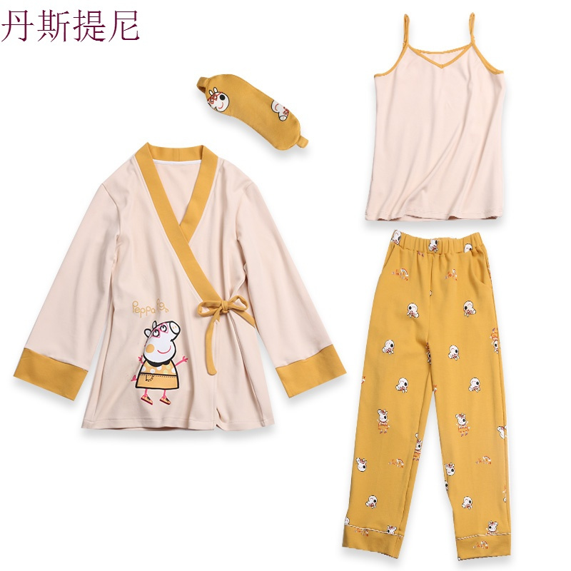 睡衣女春秋季纯棉长袖三件套甜美日式和服冬睡袍家居服套装