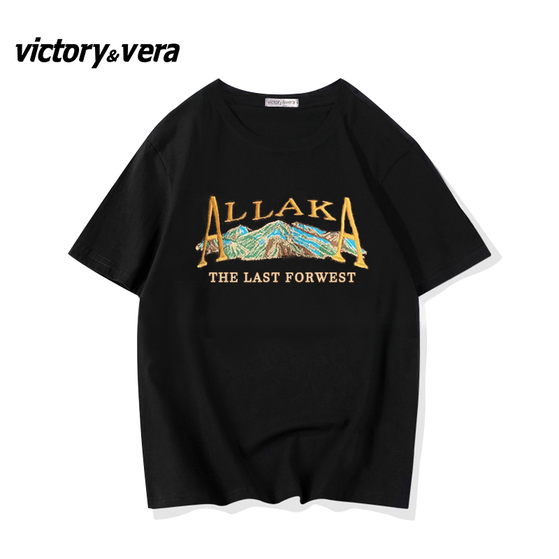 Victory&vere黑色短袖女夏2022新款韩版宽松休闲印花圆领T恤上衣