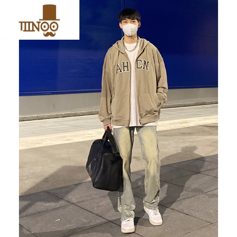 YANXU美式高街水洗做旧黄泥色牛仔裤男秋季复古vintage修身直筒长裤ins高清大图