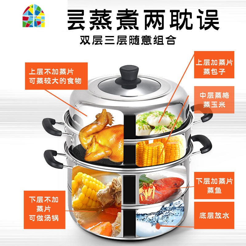 不锈钢蒸锅3三层加厚家用电磁炉烧水小汤锅具煤气双耳馒头二2层 FENGHOU 30cm五层(复合底+可视盖+礼包)高清大图