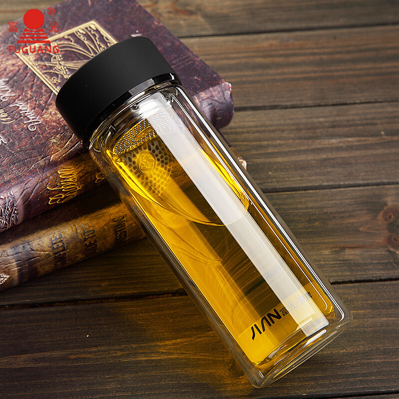 富光玻璃茶杯双层水杯子320ml办公家用耐热泡茶杯子X1627-SP 320ml咖啡色