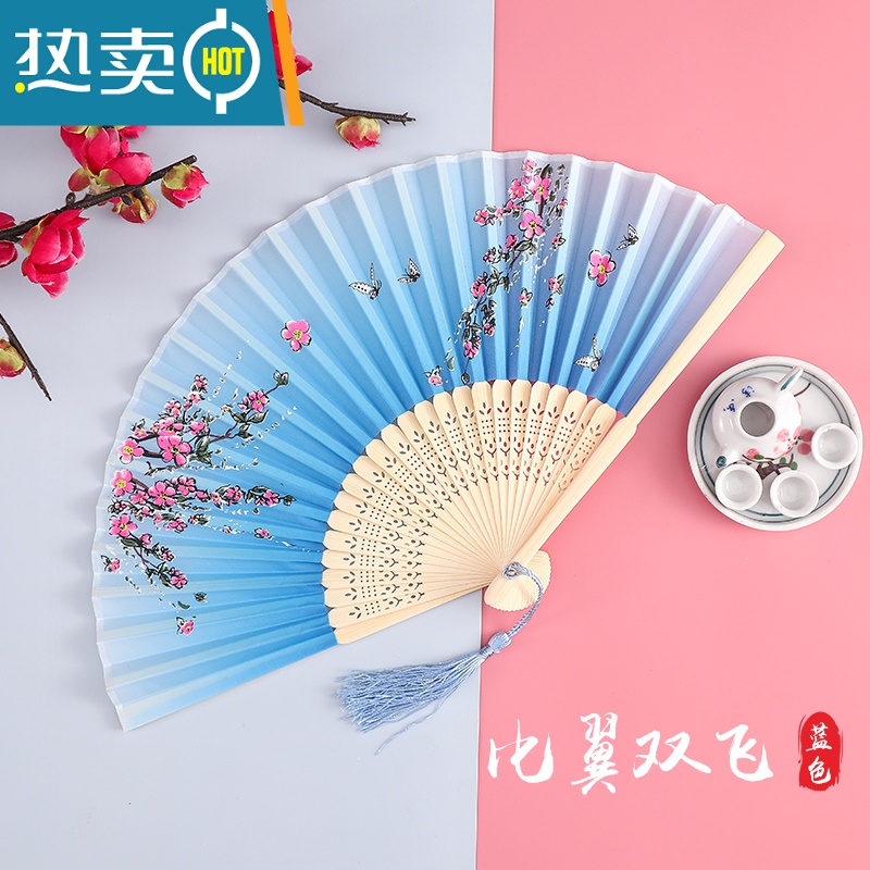 XIANCAI扇子中国风古风随身便携折扇夏季复古儿童古典汉服折叠古装小巧扇 比翼双飞-蓝色02