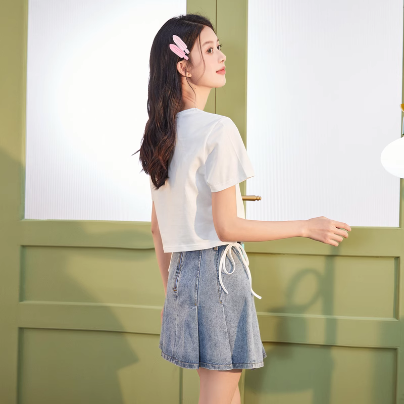 [2.5折价58元]圆领抽绳短款上衣女唐狮夏季新款短袖T恤abg辣妹潮x