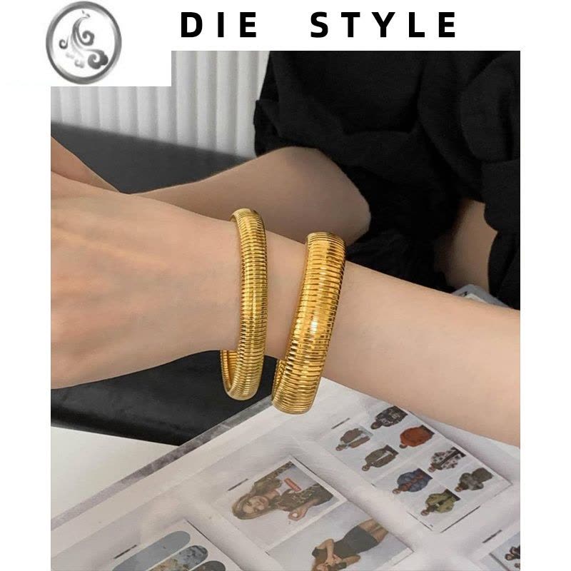 JiMi金色弹力钛钢蛇骨宽手镯女欧美小众夸张银色金属叠戴手环手圈镯子图片