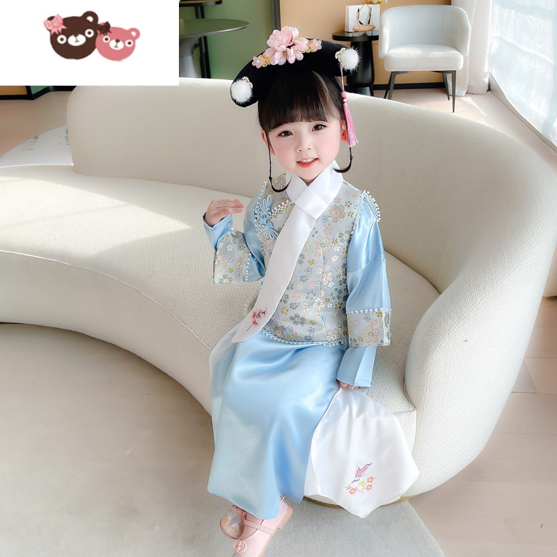 绿彩虹光儿童格格服清朝贵妃汉服女童春秋宫廷古装公主满族还珠演出服