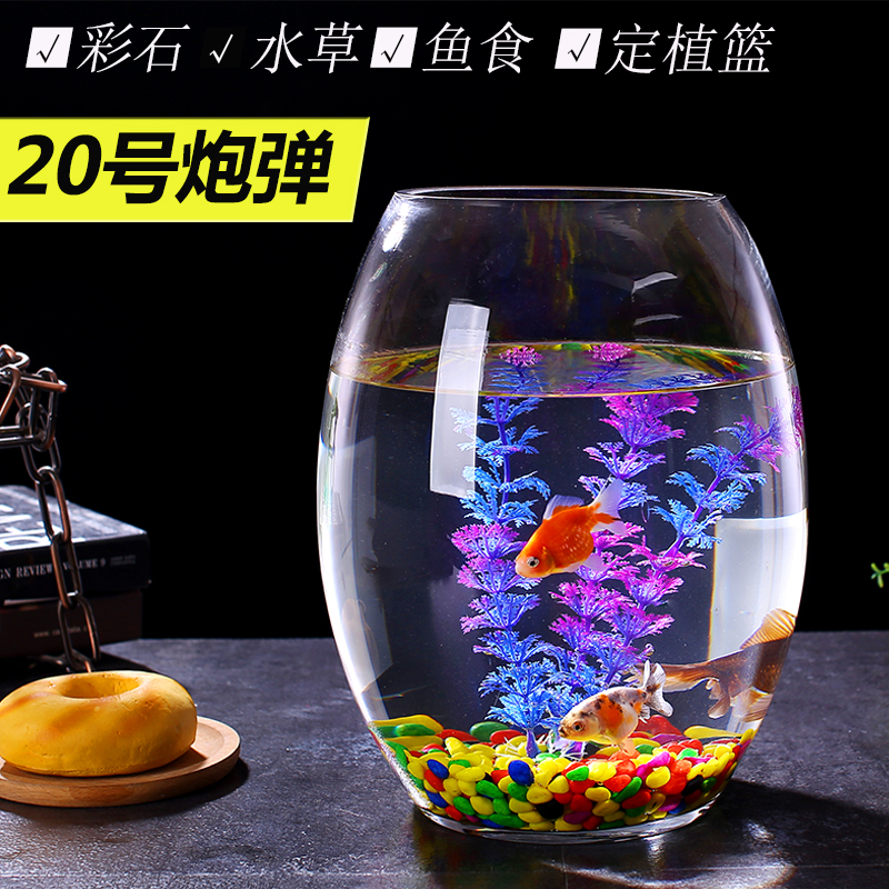 鱼缸玻璃办公桌个性小型桌面创意圆柱形水培加厚圆形小鱼迷你缸 20炮弹+彩石+水草+鱼食+定植篮 默认尺寸