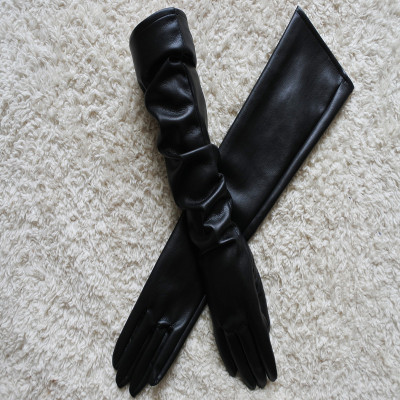 黑色薄款均码长款皮手套女士过肘加长韩版摄影聚会手套秋冬加绒保暖