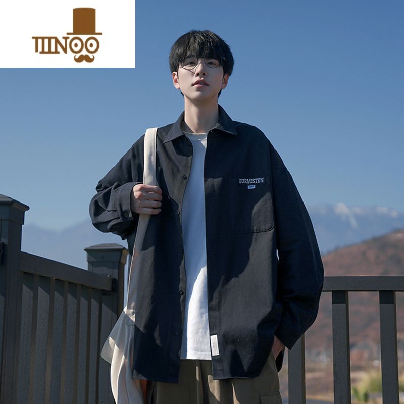 YANXU日系复古长袖衬衫男春季宽松男生ins百搭杏色衬衣帅气百搭薄外套高清大图