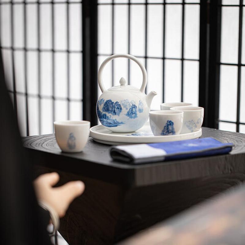苏氏陶瓷 J0975 中国白-仿古青花套装(茶杯*4茶壶*1茶盘*1茶巾*1) 7件套 (单位:套)高清大图