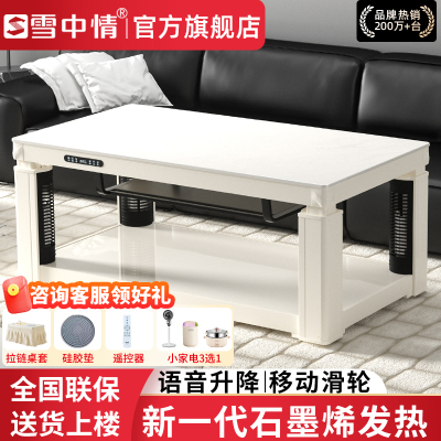 雪中情电暖桌取暖桌电暖炉烤火桌茶几一体升降电暖茶几家用客厅长方形烤火炉电炉取暖器电暖器电茶几岩板带语音控制肤感白