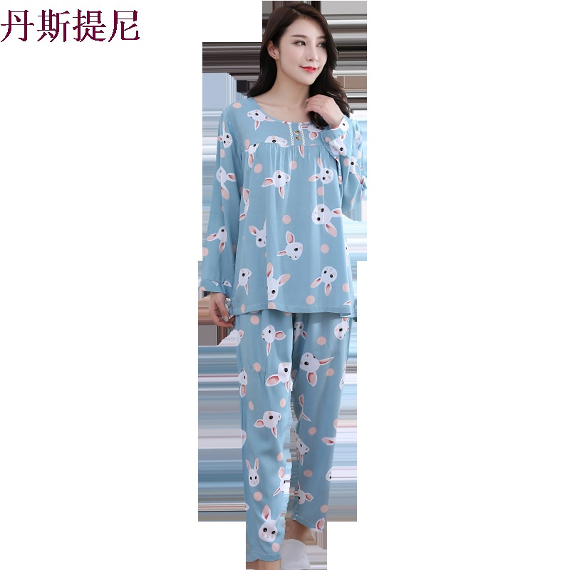 春秋天女睡衣长袖套装纯棉绸薄款空服人造棉可爱卡通大码家居服