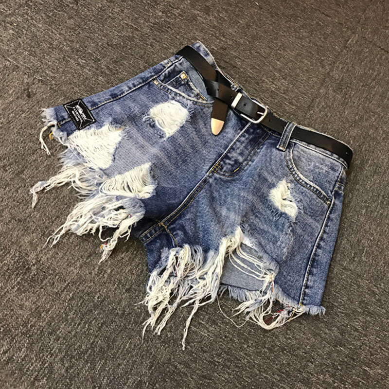 夏季新品韩版高腰毛边破洞牛仔裤女短裤学生百搭宽松阔腿热裤蓝色